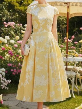 Elegant Yellow Floral Midi Dress #150